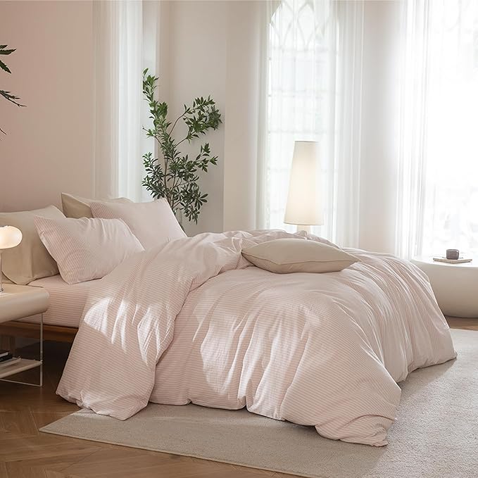 JIYUAN 100% Washed Cotton Striped Duvet Cover Set 3 Pieces Queen, 1 Duvet Cover and 2 Pillowcases(Comforter Not Included),Linen Like Comfy and Breathable,Pinstripes-Heathered Greyish Pink White