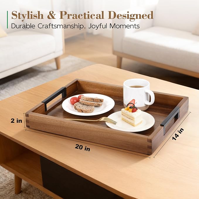 Large Ottoman Tray for Living Room and Coffee Table, Decorative Acacia Wood Serving Tray with Metal Handles for Breakfast in Bed, Dinner Food Kitchen TV (Natural, 20" x 14" x 2")