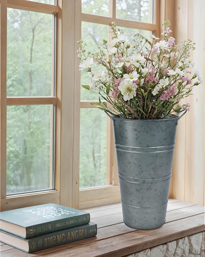 12 Inch Galvanized Metal Vases for Flowers - 6 Pcs Farmhouse Decorative Tall Flower Bucket with Handles, Rustic French Tin Planter Buckets for Wedding Decor (Galvanized Black)