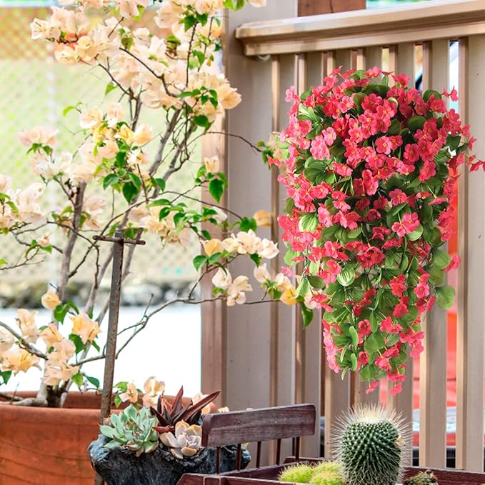 Artificial Fake Hanging Flowers Plants for Outdoor Spring Summer Decoration, 2PCS Faux Silk Violet UV Resistant Look Real Trailing Vines for Outside Home Planter Porch Patio(Rose red)