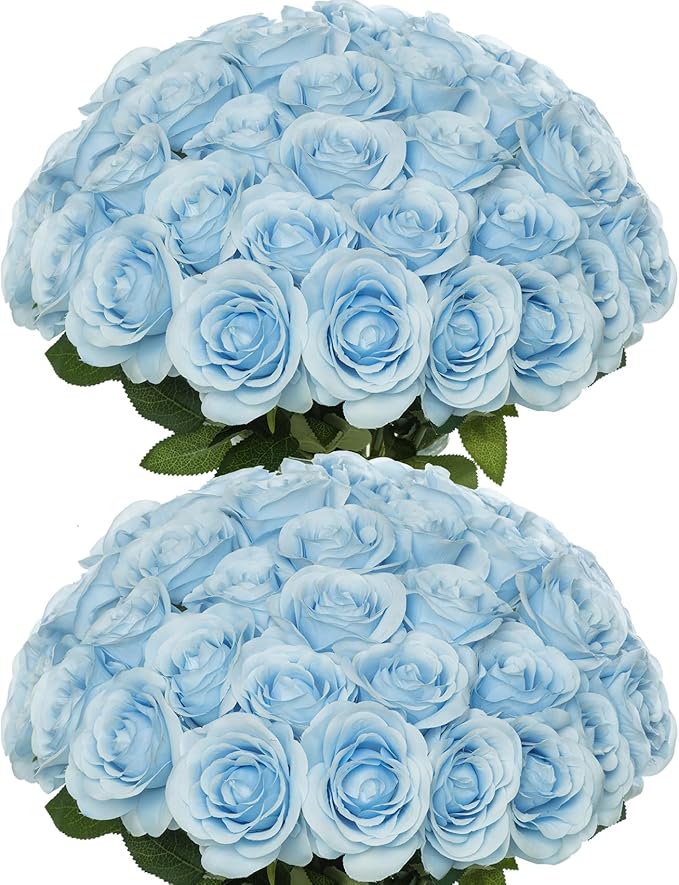 50pcs Artificial Roses Flowers in Bulk,Realistic Silk Fake Rose with Long Stem for Wedding Centerpieces Bouquet Party Floral Arrangement Home Decoration (Blue)