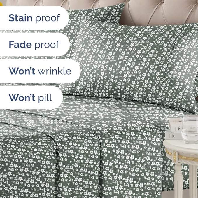 Floral Sheets - Green Floral Bed Sheet Set - 1 Flat, 1 Fitted & 2 Pillowcases w/ Deep Pockets - Comfy, Wrinkle & Fade Free - Boho Botanical Bedding - Ultra-Soft, Breathable & Cooling - Full Size Set
