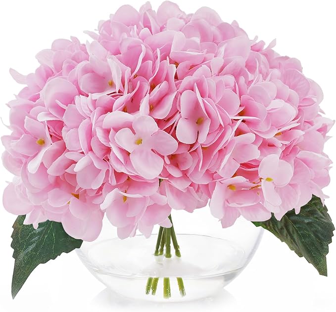 Hydrangea Artificial Flowers with Vase Blue Silk Fake Flowers Arrangements in Glass Vase with Faux Water for Home Decor Indoor (Pink)
