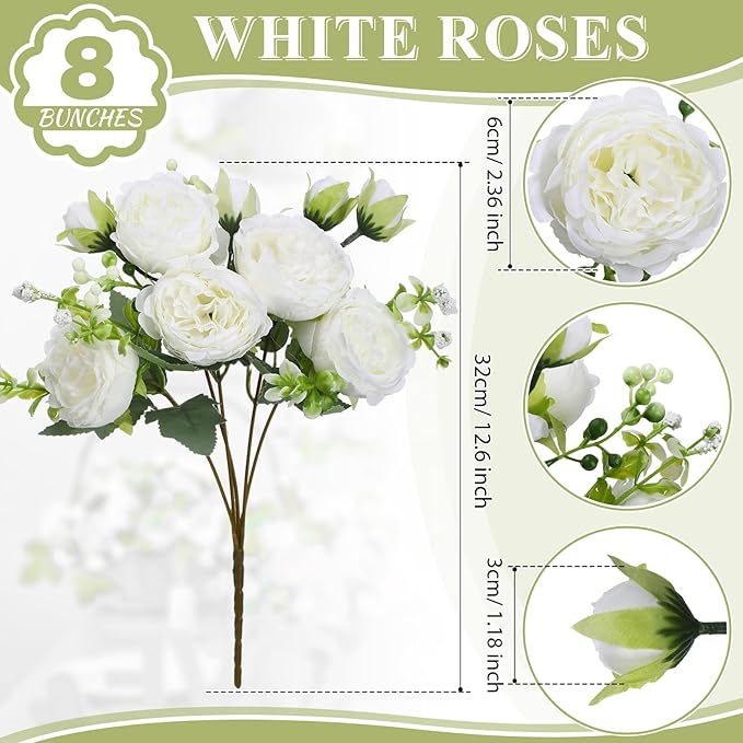Crowye 8 Bundles Artificial Peonies Realistic Flowers with Stems Bouquet Peonies for Table Centerpieces Wedding Decoration Bridal Floral Arrangement (White)