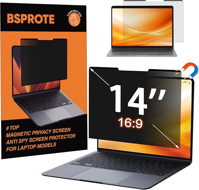 BSPROTE Magnetic Laptop Privacy Screen 14 Inch (Diagonal) 16:9 Display- Removable Anti-Glare Blue Light Filter, Computer Privacy Screen Shield Compatible with 14'' Hp Acer Asus Lenovo Dell Monitor
