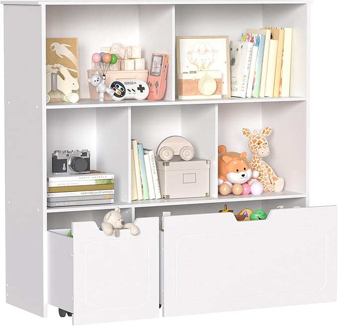 Toy Storage Organizer with 2 Movable Drawers, 3-Shelf Kids Bookcase Children's Toy Chest Cabinet for Playroom Bedroom Daycare Nursery School, 5 Cubes Montessori Bookshelf