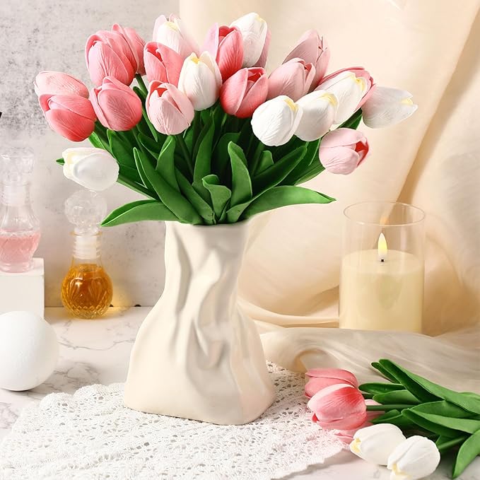 Janinka 60pcs Artificial Tulip Flowers Fake PU Tulips Faux Latex Bouquet Flower Centerpieces Arrangement Floral for Mother Day Wedding Spring Decorations (Dark Pink,Light Pink,White)