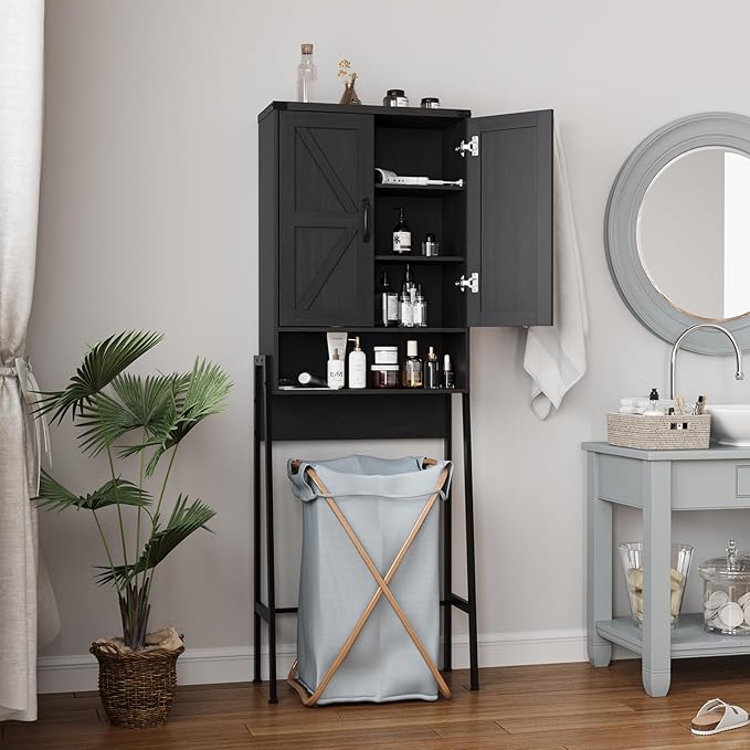 Vabches Over The Toilet Storage Cabinet with 2-Door Design Bathroom Organizers and Storage with Anti-Tip Device Over Toilet Organizer with Shelves for Bathroom,Restroom,Laundry Black