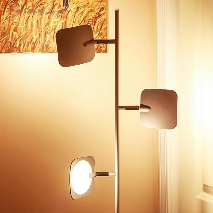 Brightech Tree Floor Lamp for Living Rooms & Offices, Dimmable Standing Lamp for Bedroom Reading, LED Spotlight Floor Lamp, Tall Lamp with Adjustable Panels for Minimal Space Use - Satin Nickel