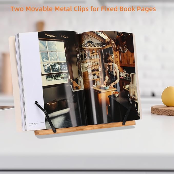 MEGREZ Bamboo Book Stand 13.2 x 9.4 Inch, Foldable Cookbook Holder With 6 Adjustable Heights, Reading Holder for Recipe, Music, Textbook, Tablet Stand, Rose