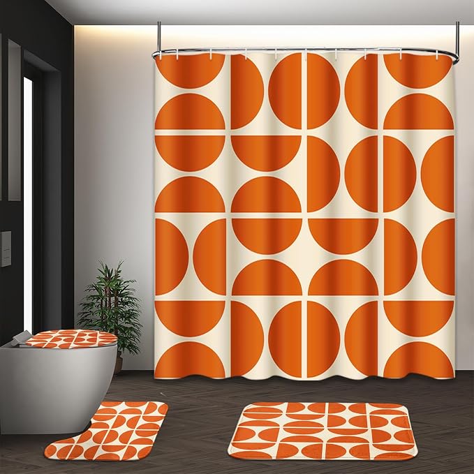 Orange Boho Mid Century Shower Curtain Set with Toilet Lid Cover and Non-Slip Rugs, Abstract Geometric Art 4 Pcs Modern Minimalist Vintage Shower Curtain for Bathroom Set with 12 Hooks