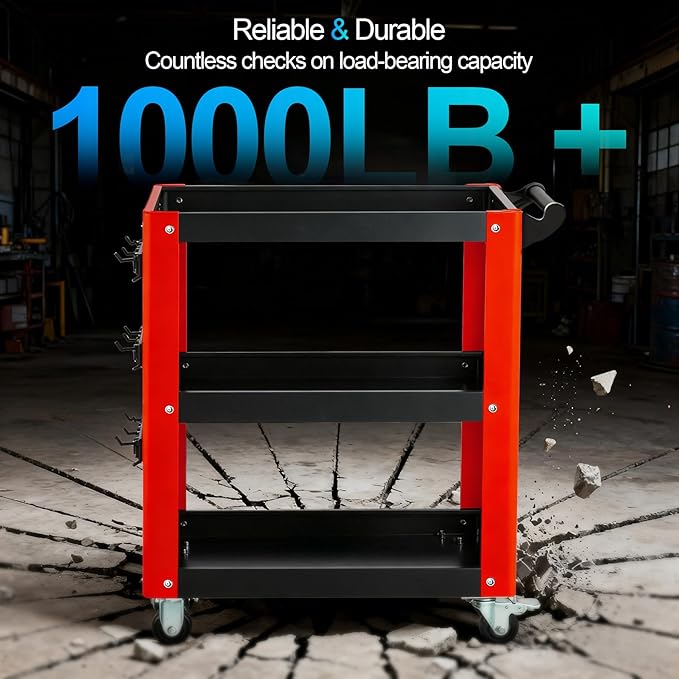 3-Tier Rolling Tool Cart with Pegboard, Heavy Duty Mechanic Utility Cart 1000LBS Load Capacity for Repair Shop, Garage, Warehouse & Workshop (Red & Black)