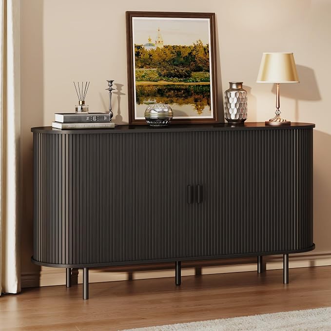 Buffet Sideboard Cabinet with Storage, 55" Fluted Cabinet with Sliding Door & Adjustable Shelf, Modern Accent Coffee Bar Console Table for Kitchen, Entryway, Black