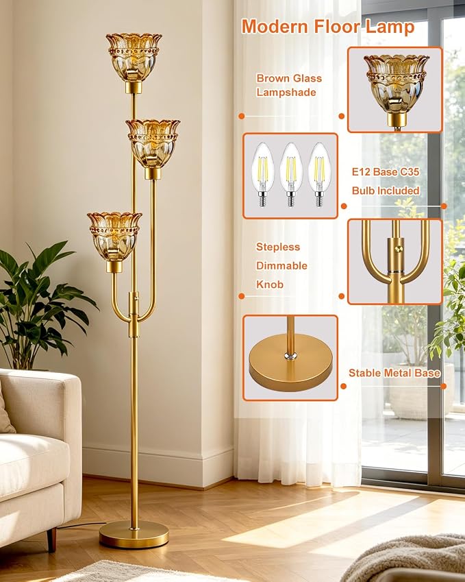 Lightdot 66IN 3-Lights Modern Glass Floor Lamp Gold Dimmable Floor Lamps with 3000K Warm White Bulbs for Wedding Party Tall Standing Lamp with Amber Glass Shade for Living Room/Bedroom/Home Decor