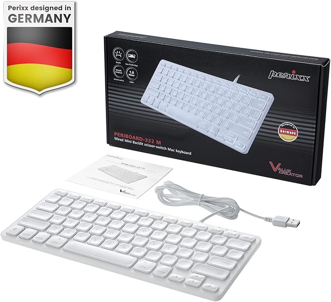 Perixx PERIBOARD-332MW Wired Backlit Scissor Keyboard - Compatible with Mac OS X and iOS Device - Mini 11.22x4.57x0.83 Inches - Scissor Keys with Big Font - White Backlit