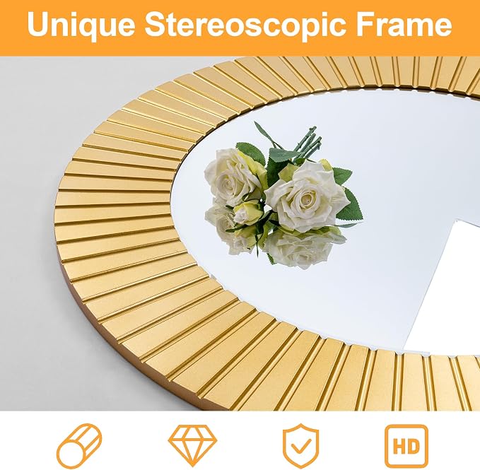 Chende Round Gold Mirror, 36'' Large Decorative Mirror for Wall with Wood Frame, Elegant Accent Gold Mirrors for Living Room, Entryway, Bathroom