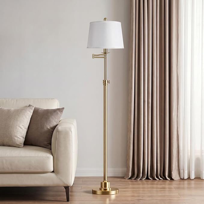 Vintage Floor Lamp for living room, Brushed Antique Brass Farmhouse Standing Lamp with 350° Swivel Swing Arm, 56.6''-66'' Mid Century Modern Height Adjustable Tall Lamp for Bedroom (LED Bulb Included)