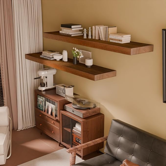 IAE Walnut Floating Wall Shelves 55 inch, Bathroom Shelves Wall Mounted,Invisible Shelves Floating Kitchen Shelves,Wooden Wall Shelves with Brackets for Living Room Wall Mounted,Easy Install,Set of 2