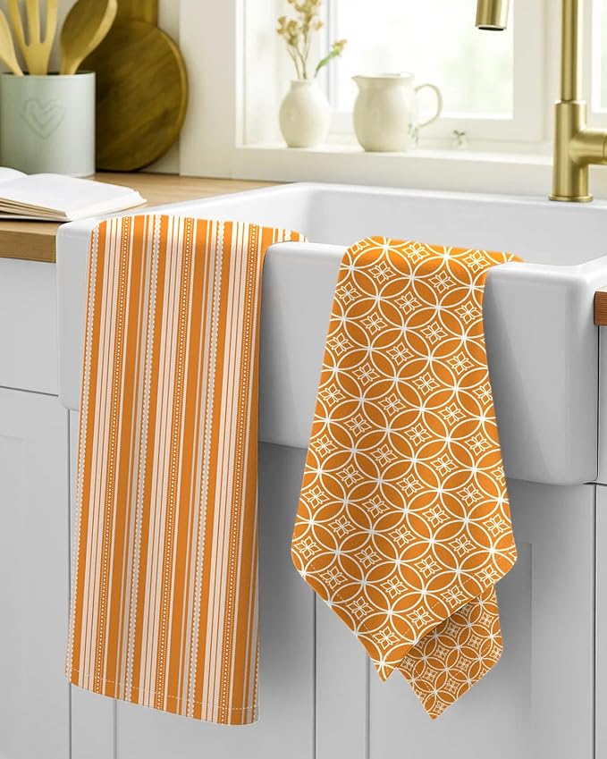 Miss Adola 2 Pack Flour Sack Kitchen Towels - 16x26 Inch Cotton Dish Towels with Hanging Loop Reusable Geometric Boho Modern Retro Tea Towel Absorbent Dishcloths Home Decor, Orange Stripe