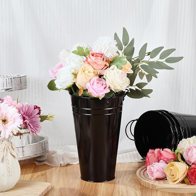 Flower Bucket for Flower Bar, 6 Pcs 10.2 Inch Metal Vases with Handles, Leak-Proof Black French Buckets for Wedding Centerpieces, Farmhouse Party & Rustic Home Decor