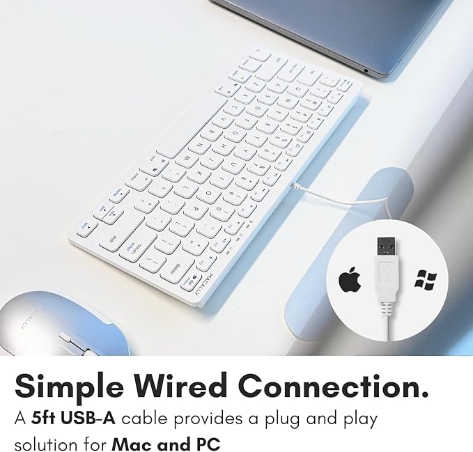Macally USB Wired Keyboard for Mac and Windows PC - Plug and Play Apple Keyboard with 78 Scissor Switch Keys and 13 Shortcut Keys - Compact & Small That Saves Spaces and Looks Great - White