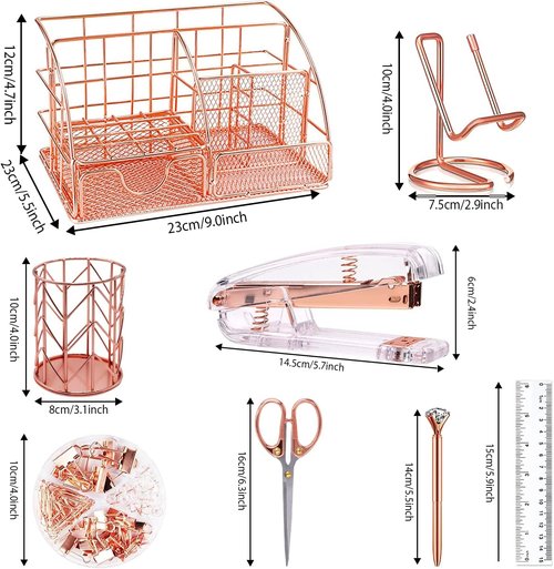 KAAKOW Rose Gold Desk Organizer Set - Stylish Office Supplies with Stapler, Pen Holder & More