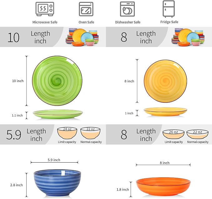 Selamica Ceramic Plates and Bowls Sets,32 Pieces Dinnerware Sets for 8,Scratch Resistant Dish Set for holiday gathering,Dishwasher & Microwave Safe, Dopamine Colors