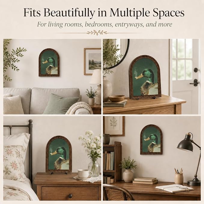 Wooden Sign with Stand Decoration, Mallard Duck Decor Arched Wood Frame Tabletop Decor, Funny Duck Retro Whimsical Print for Bedroom Living Room Desk Mantel Bookshelf Cabin Office