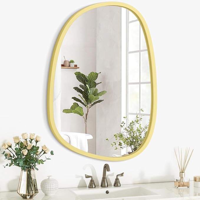 Wooden Asymmetrical Irregular Wall Mirror - Unique Modern Shape - Wall Mounted - Artistic Decorative for Living Room, Bedroom, Bathroom, Entryway & Hallway - 14"x10"