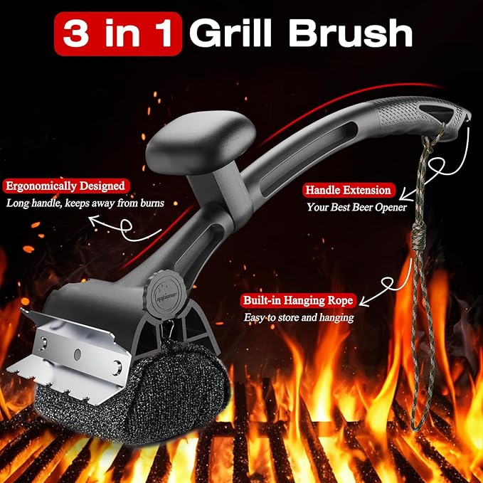 TMEDW Grill Brush for Outdoor BBQ - Replaceable Bristle Free Heading + Reinforced Scraper - Safe BBQ Accessories for Porcelain/Gas/Charcoal/Smoker/Cast Iron Grill - Cleaning Brush(Black)