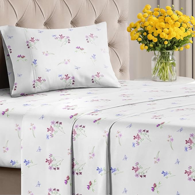 Floral Sheets - Butterfly Floral Bed Sheet Set - 1 Flat, 1 Fitted & 1 Pillowcase w/ Deep Pockets - Comfy, Wrinkle & Fade Free - Boho Botanical Bedding - Soft, Breathable and Cooling - Twin Size Set