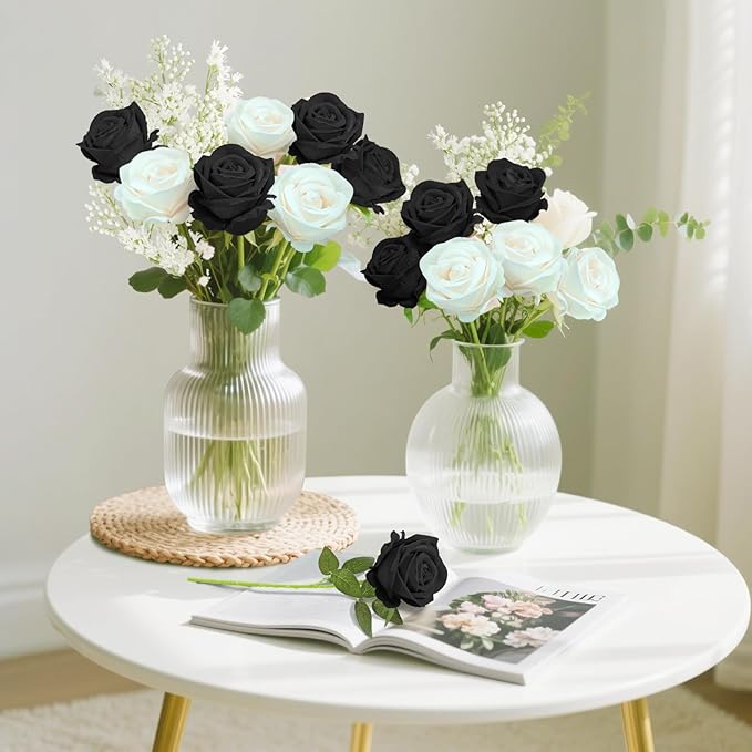 22 Pcs Artificial Roses - Realistic Velvet Flowers with Stems, Bulk Faux Roses for Home Wedding Party Decor (Black)