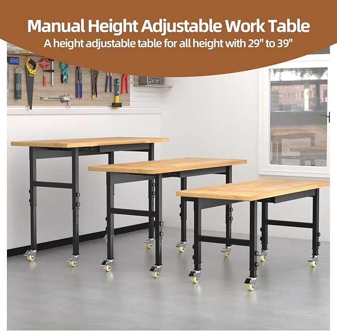 60'' Adjustable Workbench, Solid Wood Work Bench Table with Wheels and Power Outlet, Rolling Workbenchs with Drawers, Large Load Capacity Garage Workbench for Workshop,Office,Home