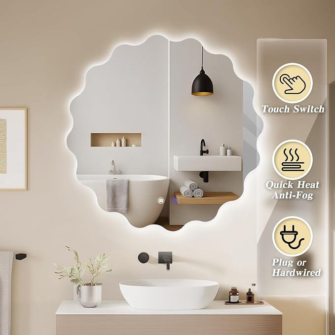 QDSSDECO Irregular LED Bathroom Mirror with Lights,Asymmetrical Led Bathroom Vanity Mirror for Wall with Front and Backlit, Anti Fog, 3 Colors and Dimmable Light, 23" x 23"