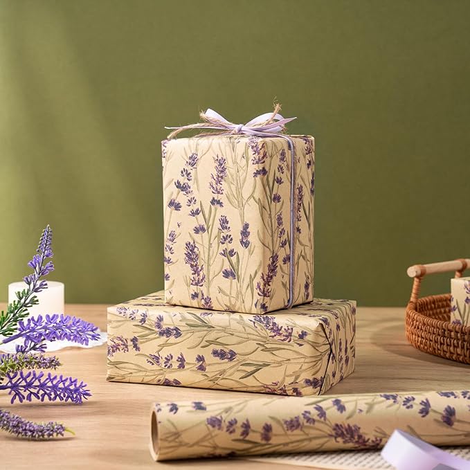 RUSPEPA Lavender Wrapping Paper Roll for Women, Delicate Floral Kraft Gift Wrap, Purple Lavender Design Perfect for Spring, Wedding, Mother's Day, Bridal Shower and Birthday, 17 Inches x 16.4 Feet