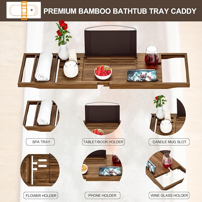 Premium Teak Bathtub Tray Caddy, Wooden Bath Caddy Trays for Bathtub, Bath Tub Wood Tray Table for Tub,Expandable Size, Fits Most Bath Tubs