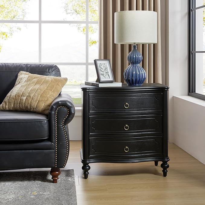 HULALA HOME Traditional Side Table with 3 Drawers, Tall Side Table with Curved Front Profle Desgin, Charging Station, Solid Wood Legs, Black