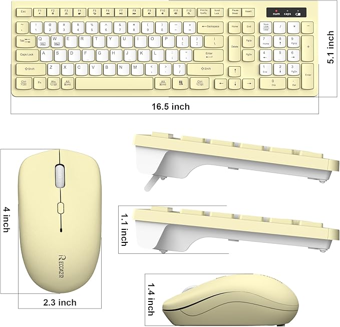Wireless Keyboard and Mouse Combo, Full-Sized Wireless Keyboard and Adjustable DPI Mouse, 2.4GHz USB Receiver, Silent Keyboard and Mouse for PC, Windows, MAC, Desktop, Laptop (Canary Yellow-B)