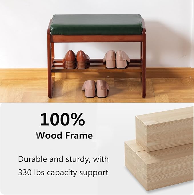 SOBIBO Solid Wood Shoe Bench, 2-Tier Wooden Entryway Bench, Modern Shoe Rack with Faux Leather Cushion for Hallway, Living Room (Green, 21.65'')