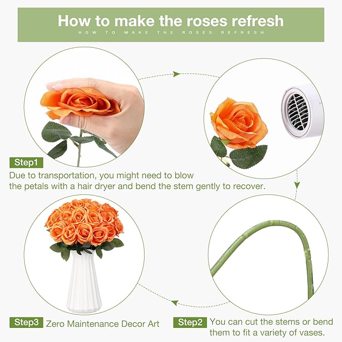 30 Pcs Rose Artificial Flowers in Bulk Real Touch Long Stem Silk Roses Bouquets Realistic Faux Flowers for Wedding Bridal Shower Home Decor Floral Arrangements Table Centerpiece(Orange)
