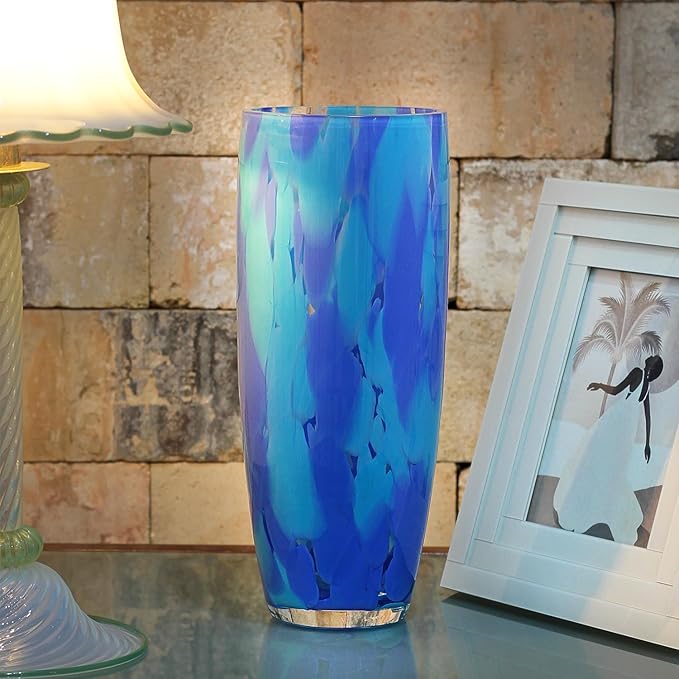 Ca D Oro Murano-Style Glass Vase Blue Confetti Effect Hand Blown Art Glass Crystal for Flower, Room Decoration and Centerpiece - Model AD3