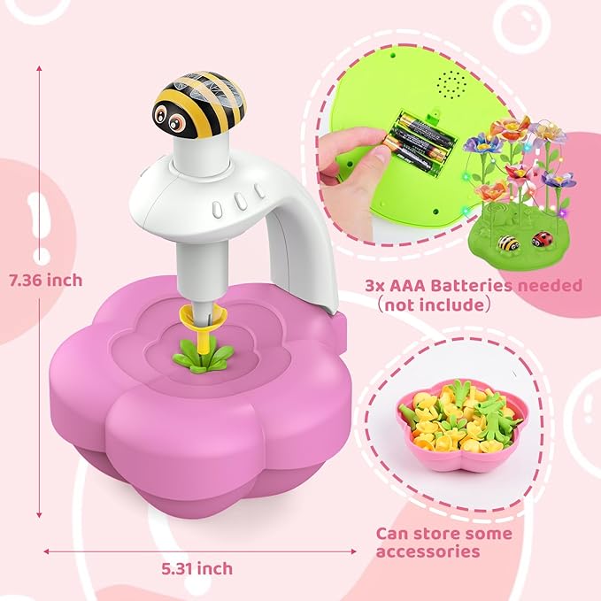 Fabric Flower Bouquets Toys with Light & Music, Deluxe DIY Arts and Crafts Kits for Kids 4-10 Year Old with Ribbons, Fridge Magnets, Greeting Cards, Birthday Gifts for Age 4 5 6 7 8 9 10 Girls (Pink)