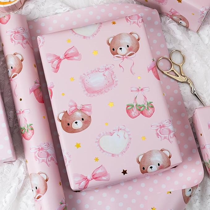 Burymento Pink Strawberries Bear Wrapping Paper, Reversible Dot Design Gift Wrap for Baby Shower, Birthday, Valentines, Mothers day, Graduation, Wedding, Fathers day, Christmas (17 Inch X 32.8 Feet)
