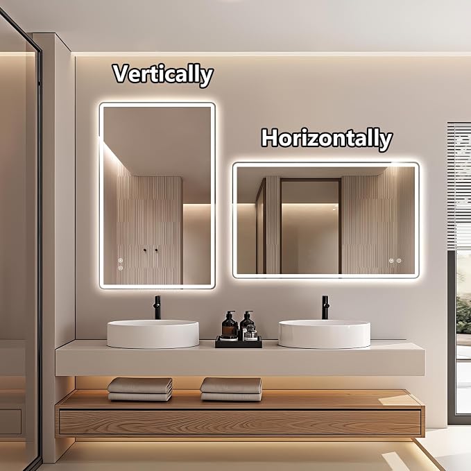Niccy 24"x36" LED Bathroom Mirror, Rectangle Vanity Mirrors with Lights, Frontlit & Backlit Lighted Vanity Mirror, Memory Funtion, 3 Colors & Stepless Dimmable, Anti-Fog, Horizontal/Vertical