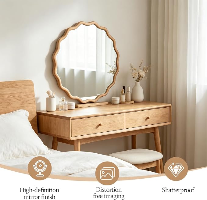 24" Wavy Edge Round Mirror, Solid Wood Framed Wall Decor with Clear Reflection for Bathroom, Bedroom, Living Room & Entryway (Solid Wood)