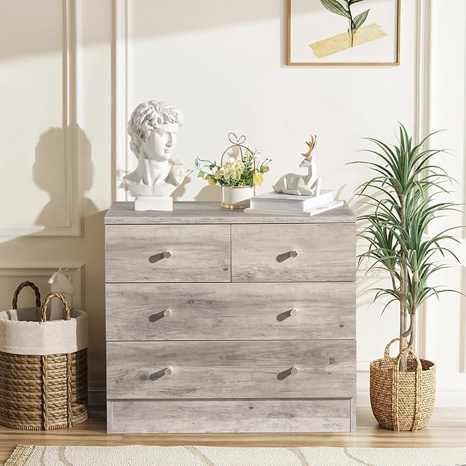 Karl home Grey 4 Drawer Dresser for Bedroom, Modern Wood Dresser Chest of Drawers, Rustic Bedroom Dressers Nightstand, Anti-Tipping Device, Rose Gold Metal Handle, Living Room, Hallway, Office