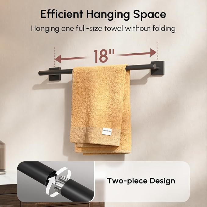USHOWER Matte Black Towel Bar, 18 Inch Towel Racks for Bathroom Wall Mounted, 304 Stainless Steel Towel Holder with Square Base, Modern Home Decor (Total Length 20 Inch)