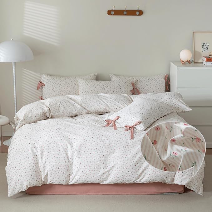 VM VOUGEMARKET Pink Floral Comforter Set Queen Bed in a Bag Pink Stripes Bedding Set 3 Pieces for All Seasons,Soft Comfy Girls Comforter with 2 Bowknot Pillowcases-90 x90