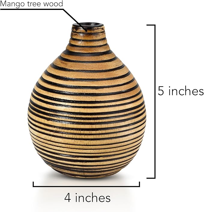 AeraVida Hand-Carved Round Black Stripes Small Brown Wooden Flower Vase | Mango Tree Wood Kitchen Decor | Handmade Vase | Handmade Home Office Table Vase