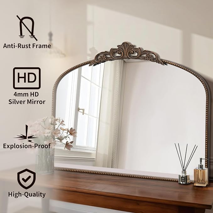 Micasso Bronze Vintage Arched Mirror: 36"x29" French Baroque Antique Wall Mounted Mirror - Traditional Ornate Decorative for Mantle/Fireplace/Living Room/Bedroom/Entryway/Hallway/Wall Decor